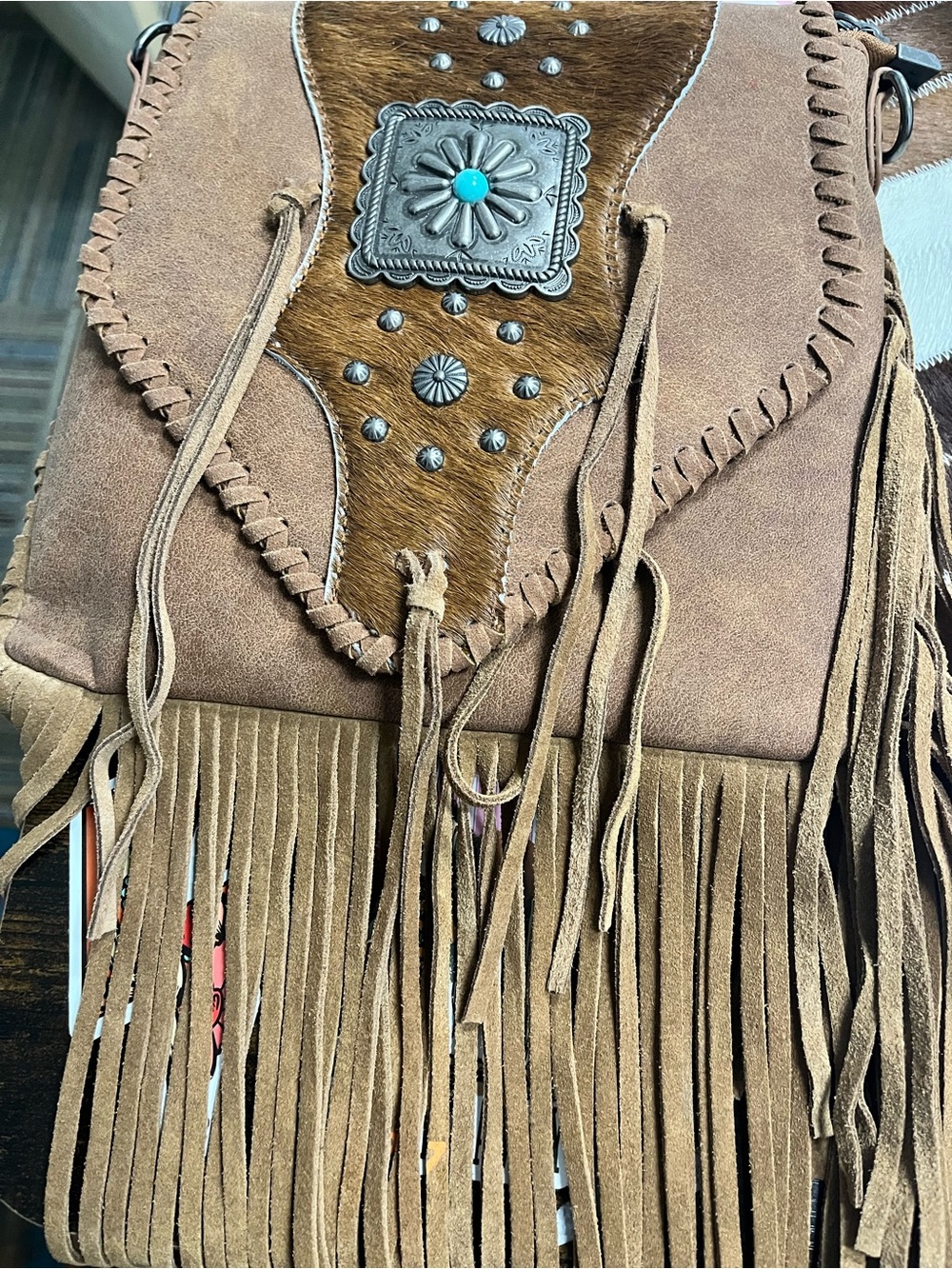 Trinity Ranch Tan Fringe Suede Crossbody Bag with Turquoise Concho